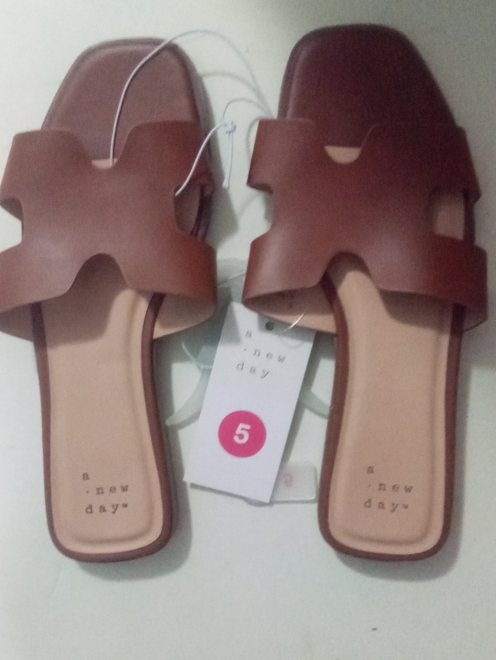 a new day Brown Leather-Style Cutout Slide Sandals Sz 5 NWT $25